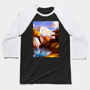 Japan Tower Waterfall Painting Baseball T-Shirt